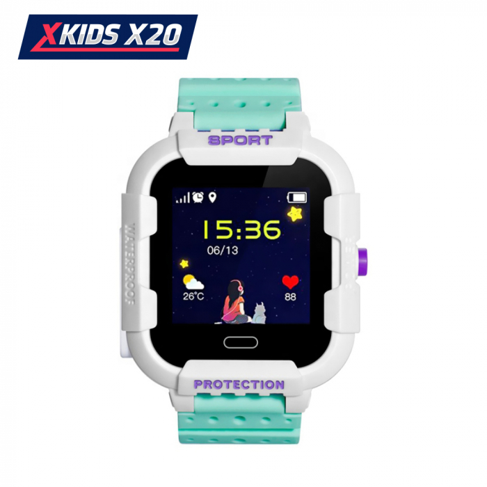 Ceas Smartwatch Pentru Copii Xkids X20 cu Functie Telefon, Localizare GPS, Apel monitorizare, Camera, Pedometru, SOS, IP54, Incarcare magnetica, Alb ; Verde, Cartela SIM Cadou [2]