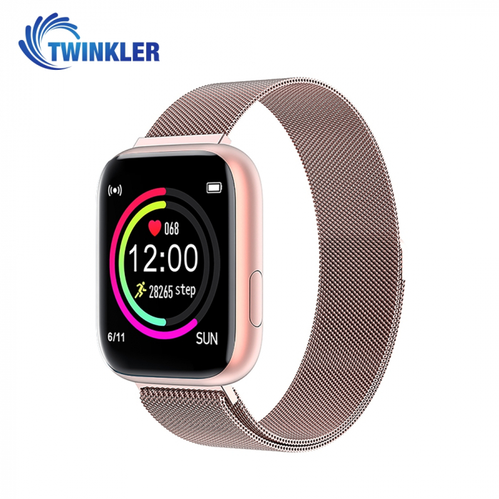 Ceas Smartwatch Twinkler TKY-P4 Metal cu functie de monitorizare ritm cardiac, Tensiune arteriala, Nivel oxigen, Distanta parcursa, Afisare mesaje, Prognoza meteo, Roz [1]