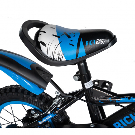 Bicicleta Baieti 2-4 ani, Rot 12 Inch, Frane C-Brake, Roti Ajutatoare, Rich Baby CST12/04C Cadru Negru cu Design Albastru [2]