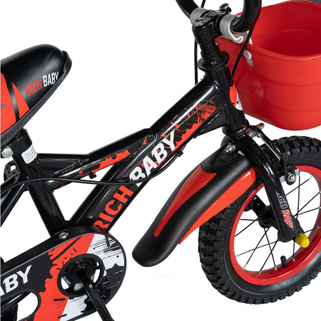 Bicicleta Baieti 2-4 ani, Rot 12 Inch, Frane C-Brake, Roti Ajutatoare, Rich Baby CST12/04C Cadru Negru cu Design Rosu [4]