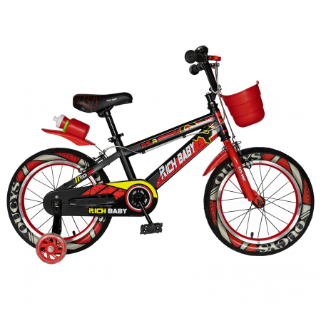 Bicicleta baieti Rich Baby 3-5 ani, Roti 14 Inch, Frane C-Brake, Roti Ajutatoare, Rich Baby CSR14/WTB, Cadru Negru cu Design Rosu [0]