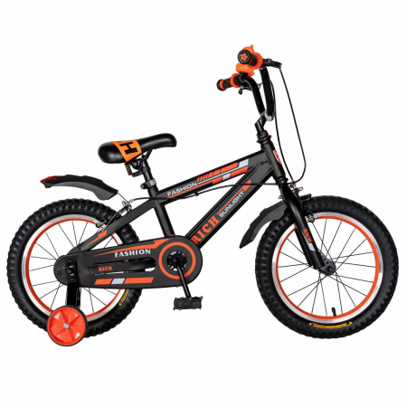 Bicicleta Baieti Rich Baby 7-10 Ani, Roti 20 Inch, Frane C-Brake, Roti Ajutatoare, Rich Baby CST20/02C, Cadru Negru cu Design Portocaliu [0]