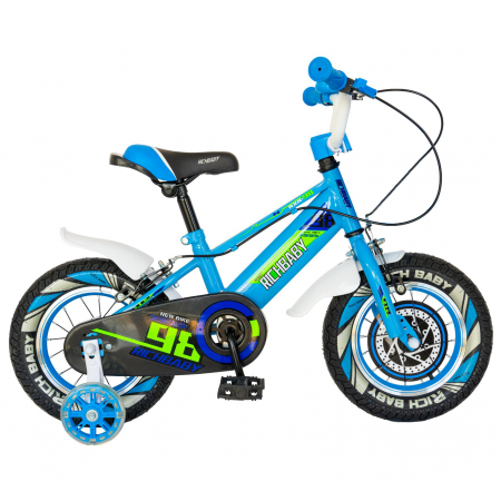 Bicicleta baieti Rich Baby R1407A, roata 14", C-Brake, roti ajutatoare cu LED, 3-5 ani, albastru/verde  [0]