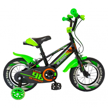 Bicicleta baieti Rich Baby R1407A, roata 14", C-Brake, roti ajutatoare cu LED, 3-5 ani, negru/verde  [0]