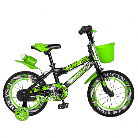 Bicicleta baieti  RICH BABY R14WTA, roata 14", roti ajutatoare cu LED, 3-5 ani, culoare negru/verde [0]