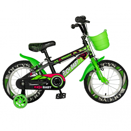 Bicicleta baieti RICH BABY R14WTB, roata 14", roti ajutatoare, 3-5 ani, culoare negru/verde  [0]