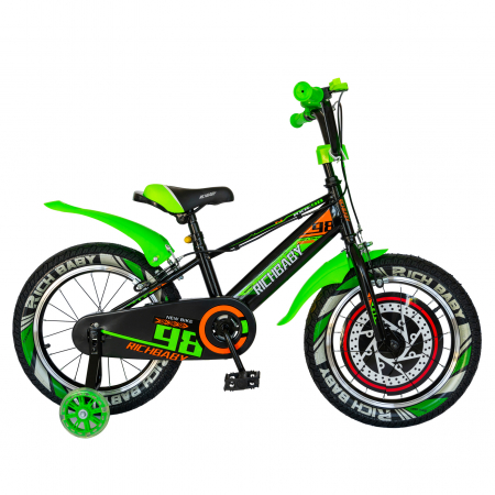 Bicicleta baieti Rich Baby R1607A, roata 16", C-Brake otel,  roti ajutatoare cu LED, 4-6 ani, negru/verde [0]