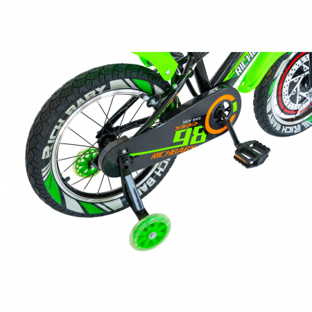 Bicicleta baieti Rich Baby R1607A, roata 16", C-Brake otel,  roti ajutatoare cu LED, 4-6 ani, negru/verde [1]