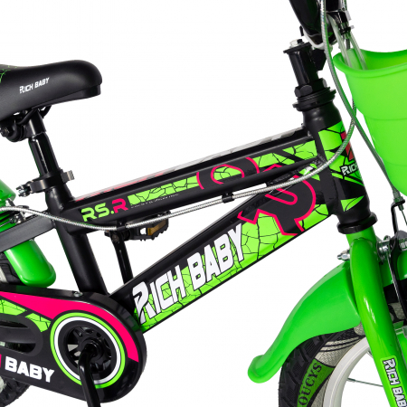 Bicicleta baieti Rich Bike 4-6 Ani, Roti 16 Inch, Frane C-Brake, Roti Ajutatoare, Rich Baby CSR16/WTB, Cadru Negru cu Design Verde [4]
