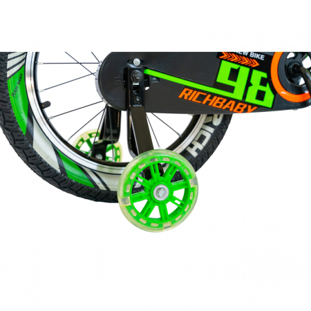 Bicicleta baieti Rich Baby R1807A, roata 18", C-Brake otel, roti ajutatoare cu LED, 5-7 ani, negru/verde [3]