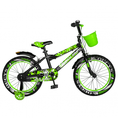 Bicicleta baieti RICH BABY R18WTA, roata 18", roti ajutatoare cu LED, 5-7 ani, culoare negru/verde [0]