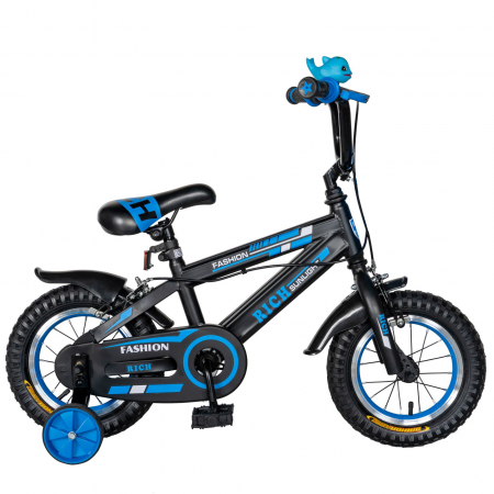 Bicicleta baieti Rich Baby T1202C, roata 12", C-Brake, roti ajutatoare, 2-4 ani, negru/albastru [0]