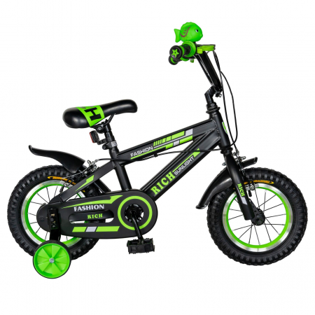 Bicicleta baieti Rich Baby T1202C, roata 12", C-Brake, roti ajutatoare, 2-4 ani, negru/verde [0]