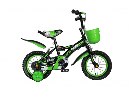 Bicicleta baieti Rich Baby T1204C, roata 12", C-Brake,  roti ajutatoare, 2-4 ani, negru/verde [0]