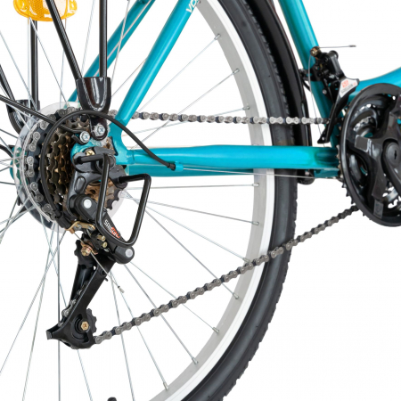 Bicicleta City Rich, Saiguan Revoshift 18 Viteze, Roti 26 Inch, Frane V-Brake Fata/Spate, Rich CSR26/32A, Cadru Bleu cu Design Alb  [7]