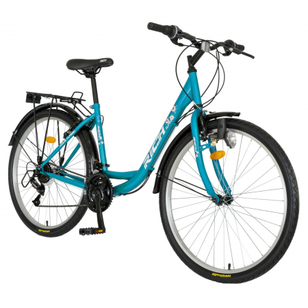 Bicicleta City Rich, Saiguan Revoshift 18 Viteze, Roti 26 Inch, Frane V-Brake Fata/Spate, Rich CSR26/32A, Cadru Bleu cu Design Alb  [1]