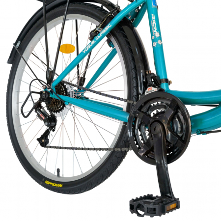 Bicicleta City Rich, Saiguan Revoshift 18 Viteze, Roti 26 Inch, Frane V-Brake Fata/Spate, Rich CSR26/32A, Cadru Bleu cu Design Alb  [6]