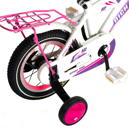 Bicicleta Copii 2-4 ani, Roti 12 Inch, V-Brake, Roti Ajutatoare, Rich Baby CST12/03C, Cadru Alb cu Design Roz [2]