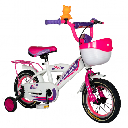 Bicicleta Copii 2-4 ani, Roti 12 Inch, V-Brake, Roti Ajutatoare, Rich Baby CST12/03C, Cadru Alb cu Design Roz [1]