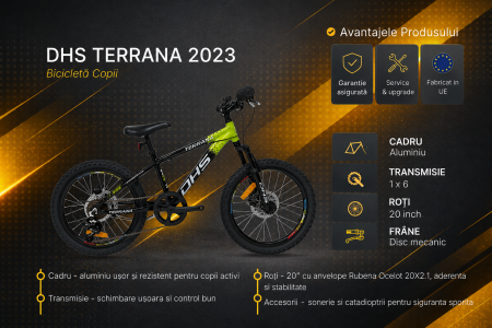 Bicicleta Copii Dhs Terrana 2023B, model 2026 - 20 Inch, Verde/Negru [2]