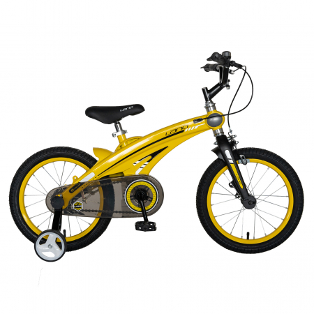 Bicicleta copii W1639D, roata 16", cadru aliaj magneziu, frana C-Brake, roti ajutatoare, 4-6 ani, galben/negru [0]