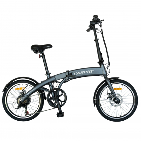 Bicicleta Electrica Carpat (E-BIKE) Pliabila, Echipare Shimano 6 Viteze, Roti 20 Inch, Cadru Aluminiu, Frane Mecanice Disc, Carpat CSC10/05E, Gri cu Design Alb [0]