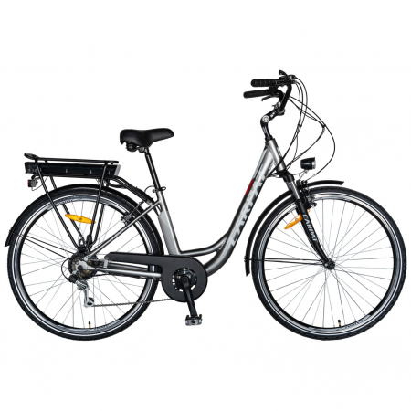 Bicicleta electrica City (E-BIKE) CARPAT C1010E, roata 28", cadru aluminiu, frane V-Brake, transmisie SHIMANO 7 viteze, culoare gri/alb [0]