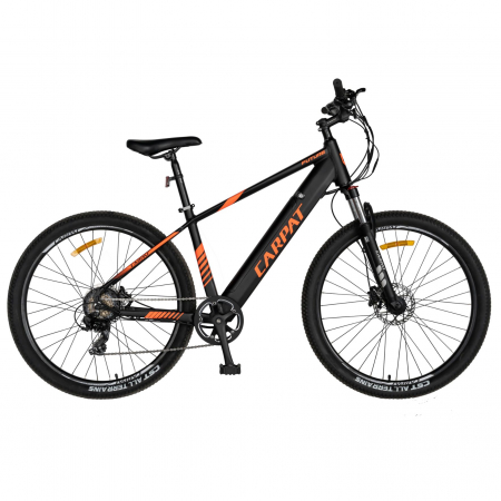 Bicicleta electrica MTB (E-BIKE) CARPAT 27.5" C1007E, cadru aluminiu, frane mecanice disc, echipare SHIMANO 21 viteze, culoare negru/portocaliu [0]