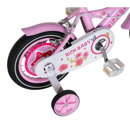 Bicicleta fete Rich Baby 2-4 Ani, Roti 12 Inch, Frane C-Brake, Roti Ajutatoare, Rich Baby CST12/01C, Cadru Roz cu Design Alb [3]