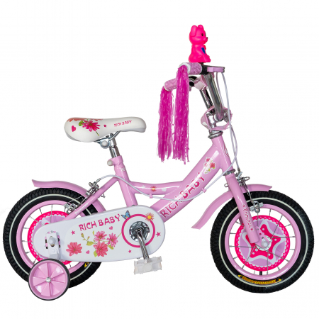 Bicicleta fete Rich Baby 2-4 Ani, Roti 12 Inch, Frane C-Brake, Roti Ajutatoare, Rich Baby CST12/01C, Cadru Roz cu Design Alb [0]