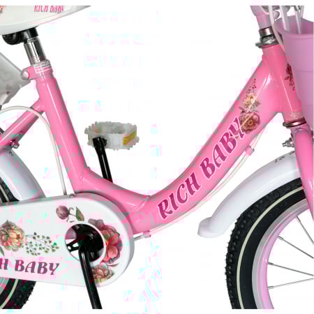 Bicicleta fete Rich Baby 2-4 Ani, Roti 12 Inch, Frane C-Brake, Roti Ajutatoare, Rich Baby CST12/05C, Cadru Roz cu Design Alb [3]