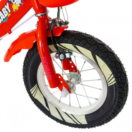 Bicicleta fete Rich Baby 3-5 Ani, Roti 14 Inch, Frane C-Brake, Roti Ajutatoare cu LED, Rich Baby CSR14/08A, Cadru Rosu cu Design Alb  [5]
