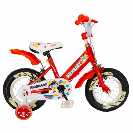 Bicicleta fete Rich Baby 3-5 Ani, Roti 14 Inch, Frane C-Brake, Roti Ajutatoare cu LED, Rich Baby CSR14/08A, Cadru Rosu cu Design Alb  [0]
