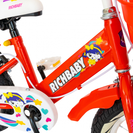 Bicicleta fete Rich Baby 3-5 Ani, Roti 14 Inch, Frane C-Brake, Roti Ajutatoare cu LED, Rich Baby CSR14/08A, Cadru Rosu cu Design Alb  [4]