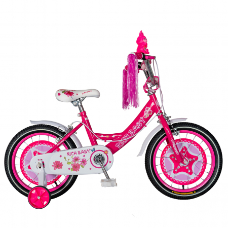 Bicicleta fete Rich Baby 4-6 Ani, Roti 16 Inch, Frane C-Brake, Roti Ajutatoare, Rich Baby CST16/01C, Cadru Fucsia cu Design Alb [0]