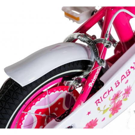 Bicicleta fete Rich Baby 4-6 Ani, Roti 16 Inch, Frane C-Brake, Roti Ajutatoare, Rich Baby CST16/01C, Cadru Fucsia cu Design Alb [2]