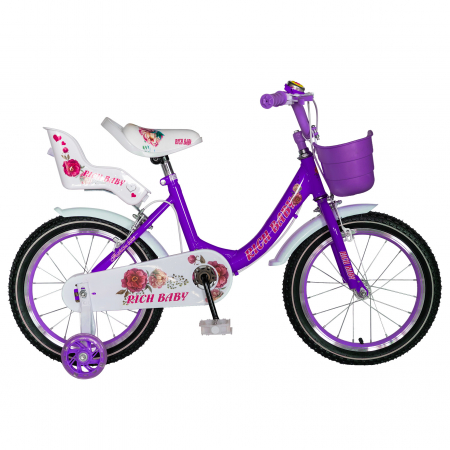 Bicicleta fete Rich Baby 4-6 Ani, Roti 16 Inch, Frane C-Brake, Roti Ajutatoare, Rich Baby CST16/05C Cadru Mov cu Design Alb [0]
