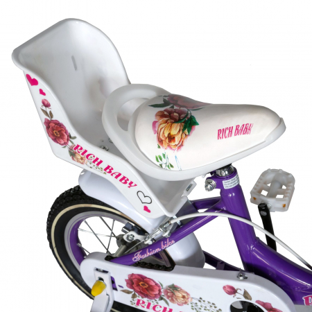 Bicicleta fete Rich Baby 4-6 Ani, Roti 16 Inch, Frane C-Brake, Roti Ajutatoare, Rich Baby CST16/05C Cadru Mov cu Design Alb [1]