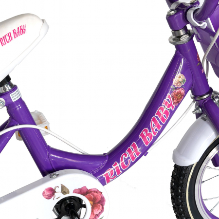 Bicicleta fete Rich Baby 4-6 Ani, Roti 16 Inch, Frane C-Brake, Roti Ajutatoare, Rich Baby CST16/05C Cadru Mov cu Design Alb [3]