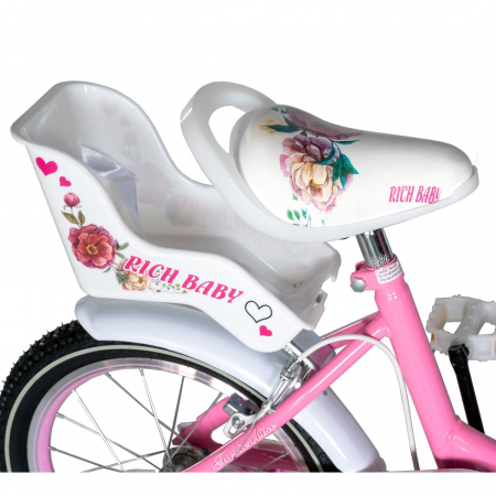 Bicicleta fete Rich Baby 4-6 Ani, Roti 16 Inch, Frane C-Brake, Roti Ajutatoare, Rich Baby CST16/05C Cadru Roz cu Design Alb [1]