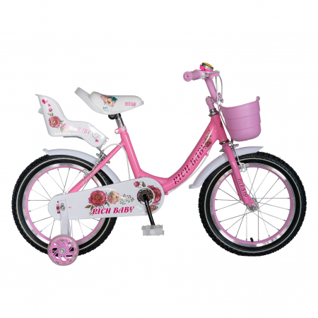 Bicicleta fete Rich Baby 4-6 Ani, Roti 16 Inch, Frane C-Brake, Roti Ajutatoare, Rich Baby CST16/05C Cadru Roz cu Design Alb [0]