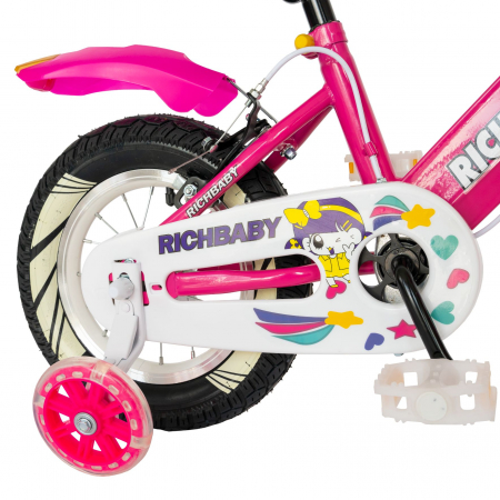 Bicicleta fete Rich Baby R1408A, roata 14", C-Brake, roti ajutatoare cu LED, 3-5 ani, fucsia/alb  [1]