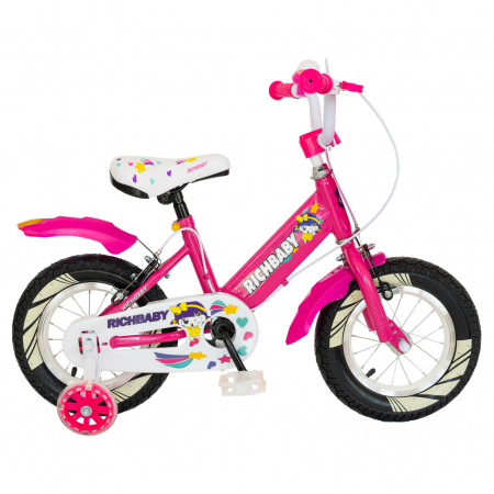 Bicicleta fete Rich Baby R1408A, roata 14", C-Brake, roti ajutatoare cu LED, 3-5 ani, fucsia/alb  [0]