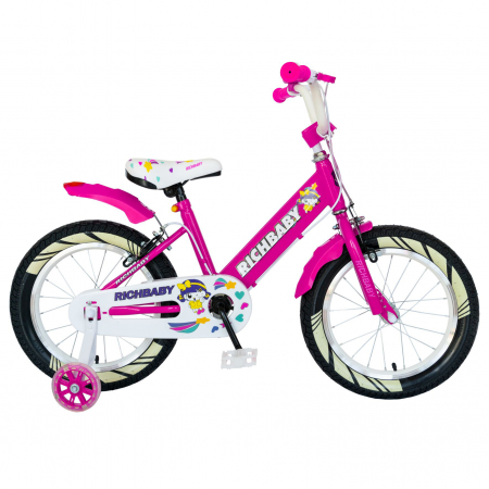 Bicicleta fete Rich Baby R1808A, roata 18", C-Brake otel, roti ajutatoare cu LED, 5-7 ani, fucsia/alb [0]