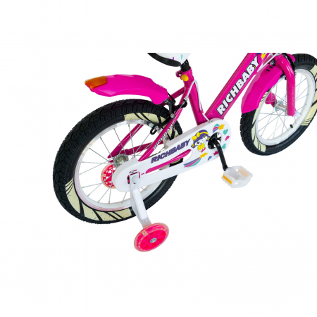 Bicicleta fete Rich Baby R1808A, roata 18", C-Brake otel, roti ajutatoare cu LED, 5-7 ani, fucsia/alb [1]