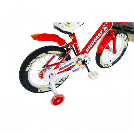 Bicicleta fete Rich Baby R1808A, roata 18", C-Brake otel, roti ajutatoare cu LED, 5-7 ani, rosu/alb [4]
