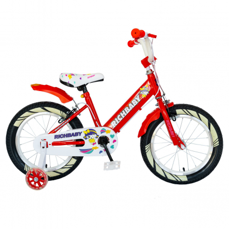 Bicicleta fete Rich Baby R1808A, roata 18", C-Brake otel, roti ajutatoare cu LED, 5-7 ani, rosu/alb [0]