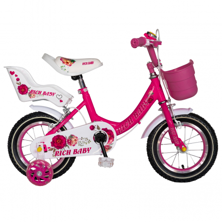 Bicicleta fete Rich Baby T1205C, roata 12", C-Brake,  roti ajutatoare, 2-4 ani, fucsia/alb [0]