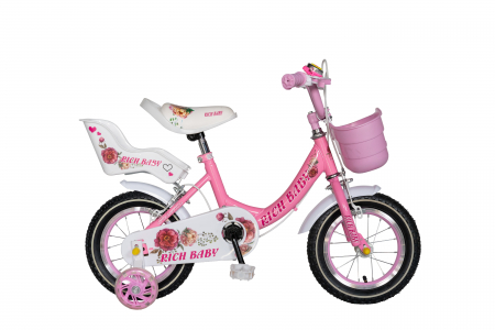 Bicicleta fete Rich Baby T1205C, roata 12", C-Brake,  roti ajutatoare, 2-4 ani, roz/alb [0]
