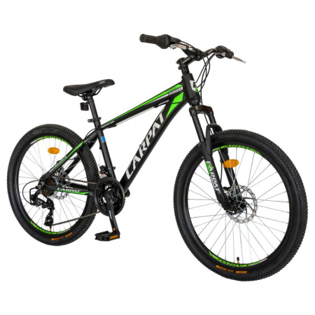 Bicicleta MTB-HT Carpat, Shimano Tourney TY-300, 21 Viteze, Cadru Aluminiu, Roti 24 Inch, Frane pe Disc, Carpat CSC24/99A, culoare Negru cu Design Verde [1]